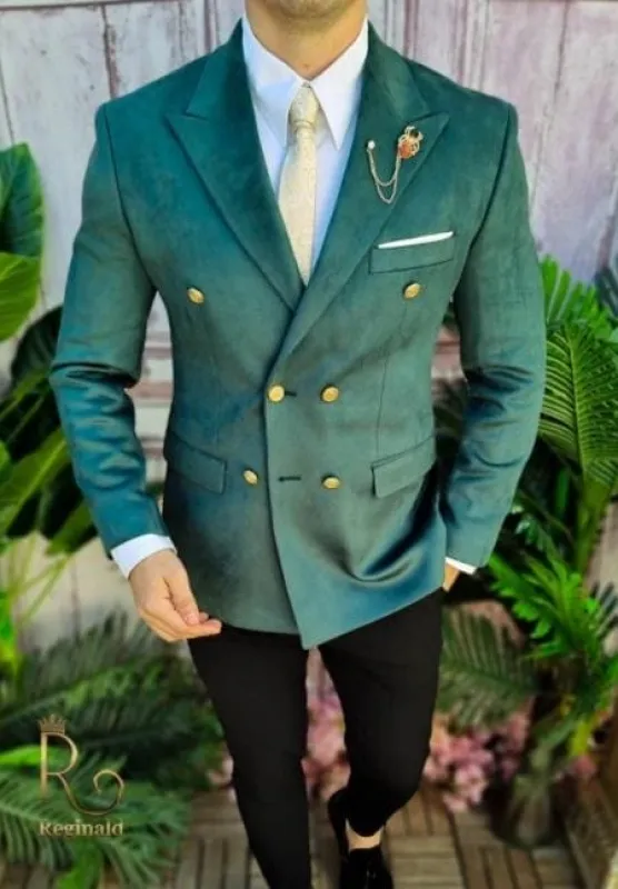 Mens Blazer - Green Velvet Fabric - Double Breasted Blazer sold by Alberto Nardoni