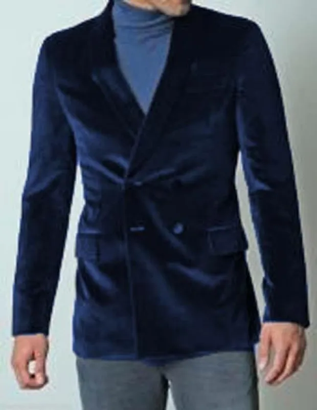 Men's Dark Navy Blue Double Breasted Dinner Jacket Casual Velvet Fabric Sport Coat Jacket Blazer Tuxedo - Slim Fitted sold by Alberto Nardoni