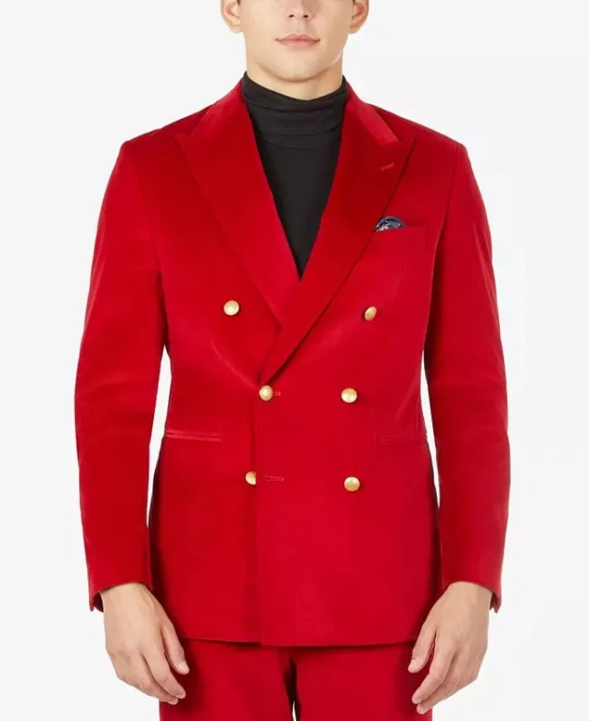 Men's Slim-Fit Bright Red Velvet Double-Breasted Suit Separate Jacket made by Alberto Nardoni