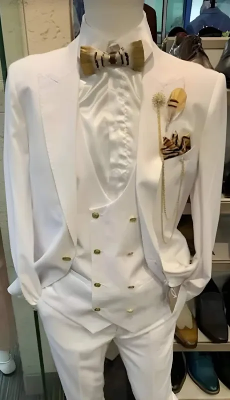 White And Gold Suit - Peak Lapel Suit - Flat Front Pants sold by Alberto Nardoni