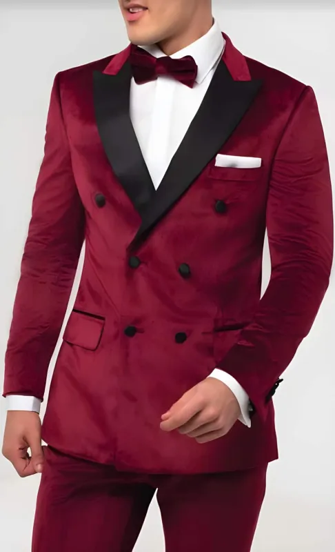 Mens Burgundy Velvet Tuxedo - Velvet Suits Double Breasted Tuxedo Suits - Slim Fit sold by Alberto Nardoni