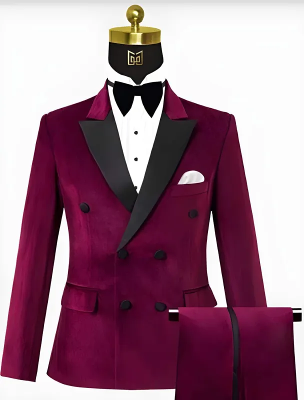 Mens Burgundy Velvet Tuxedo - Velvet Suits Double Breasted Tuxedo Suits - Slim Fit sold by Alberto Nardoni