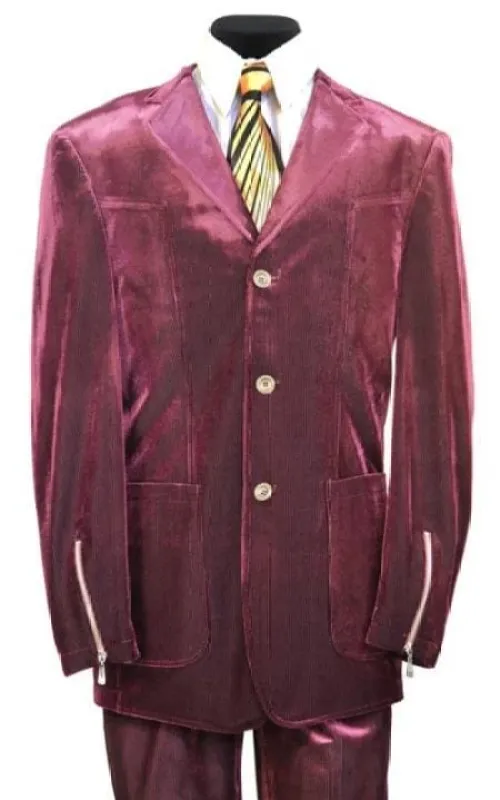 Velvet Suits - Patch Pocket = Three Button Suit with Zipper on Sleeve Red sold by Alberto Nardoni