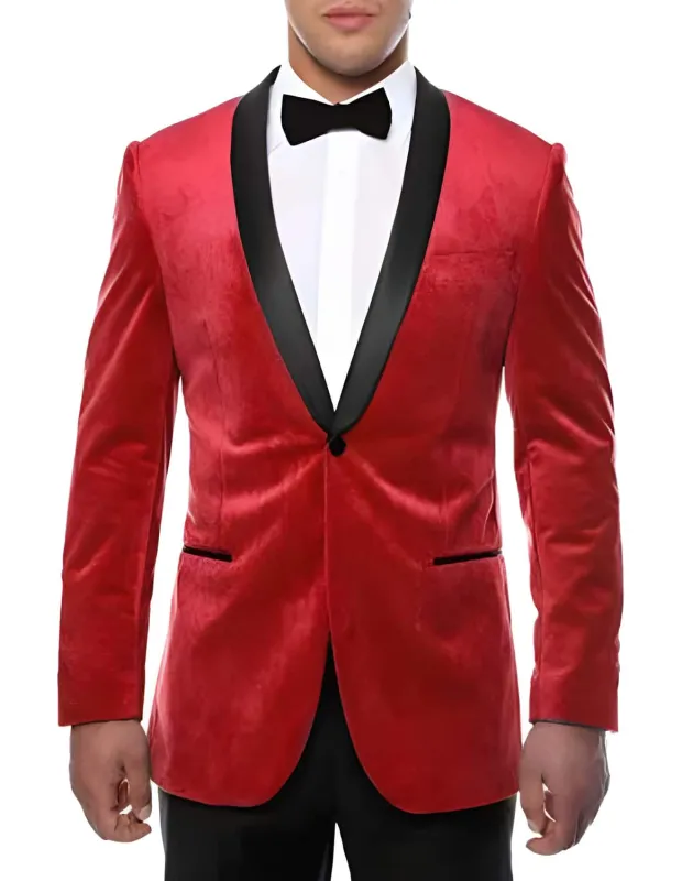 Christmas Red Blazer 1 Button Black Shawl Lapel Side Vented Velvet Two Toned Best Inexpensive ~ Cheap ~ Discounted Blazer Suit Jacket sold by Alberto Nardoni