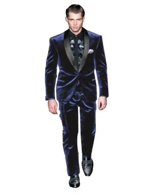 Men's One Button Navy Blue Velvet Tuxedo Suit sold by Alberto Nardoni