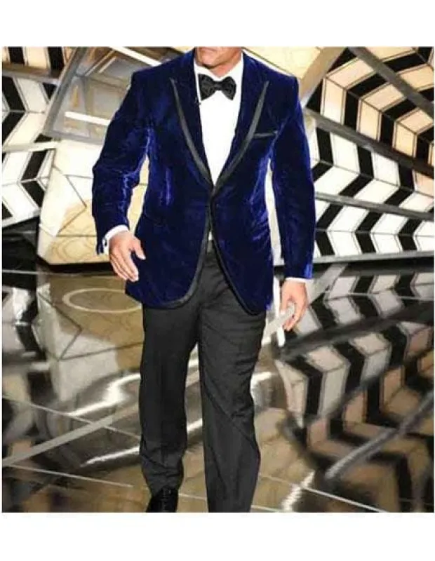 Men's Dwayne Johnson Blue Velvet 1 Button Peak Lapel Suit made by Alberto Nardoni