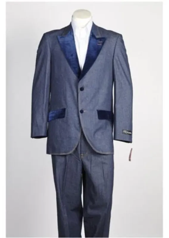 Single Breasted Men's Velvet 2 Button Denim Tuxedo Jean Blue Suit sold by Alberto Nardoni