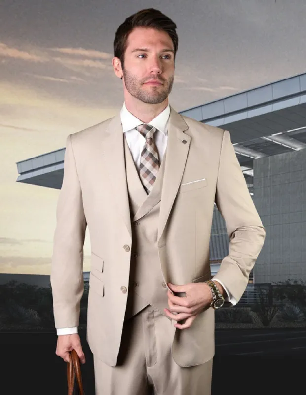 Mens 2 Button Slim Fit Wool Suit With Double Breasted Vest in Tan sold by Alberto Nardoni