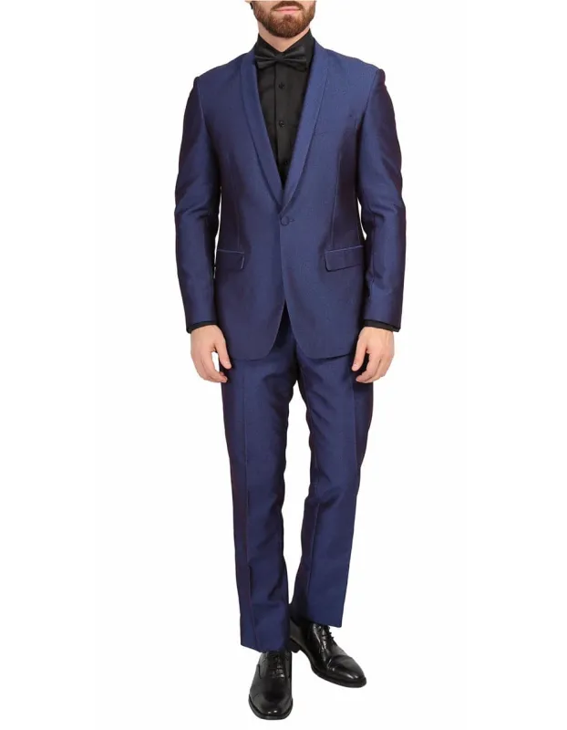Mens Slim Fit Sharkskin Shawl Prom Tuxedo in Navy Blue sold by Alberto Nardoni