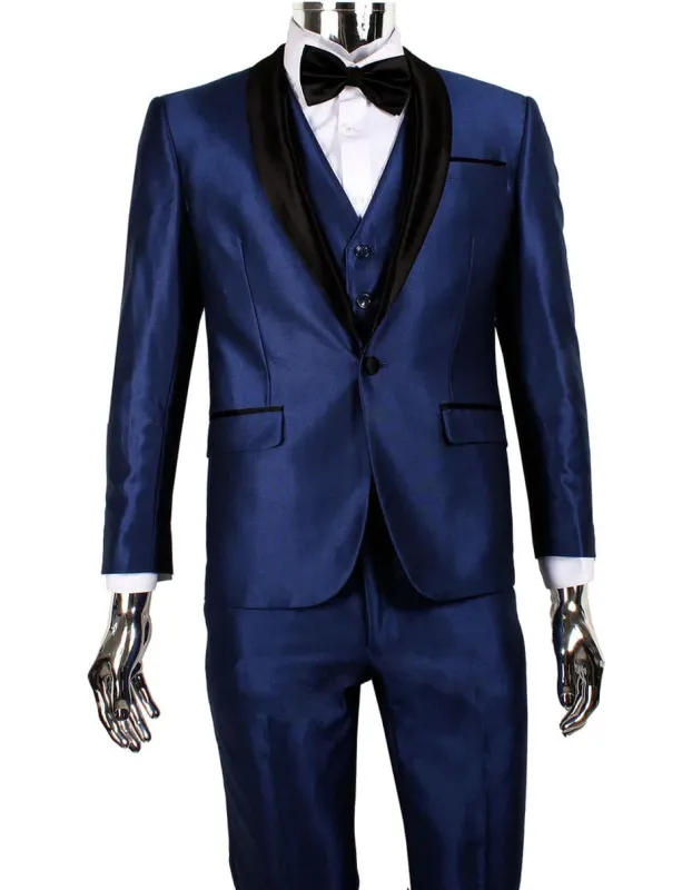 Mens 1 Button Shawl Lapel Vested Wedding | Prom Tuxedo in Navy Sharkskin sold by Alberto Nardoni