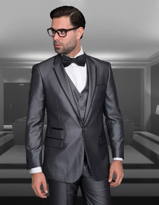 Mens One Button Satin Trim Notch Prom Tuxedo in Shiny Grey Sharkskin sold by Alberto Nardoni