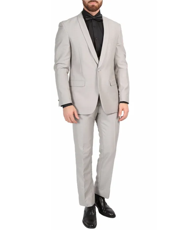Mens Slim Fit Sharkskin Shawl Prom Tuxedo in Light Grey sold by Alberto Nardoni