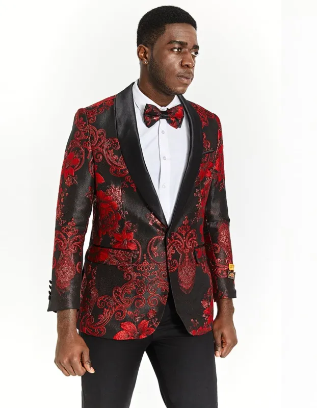 Mens Black & Red Paisley Floral Prom Tuxedo Dinner Jacket sold by Alberto Nardoni