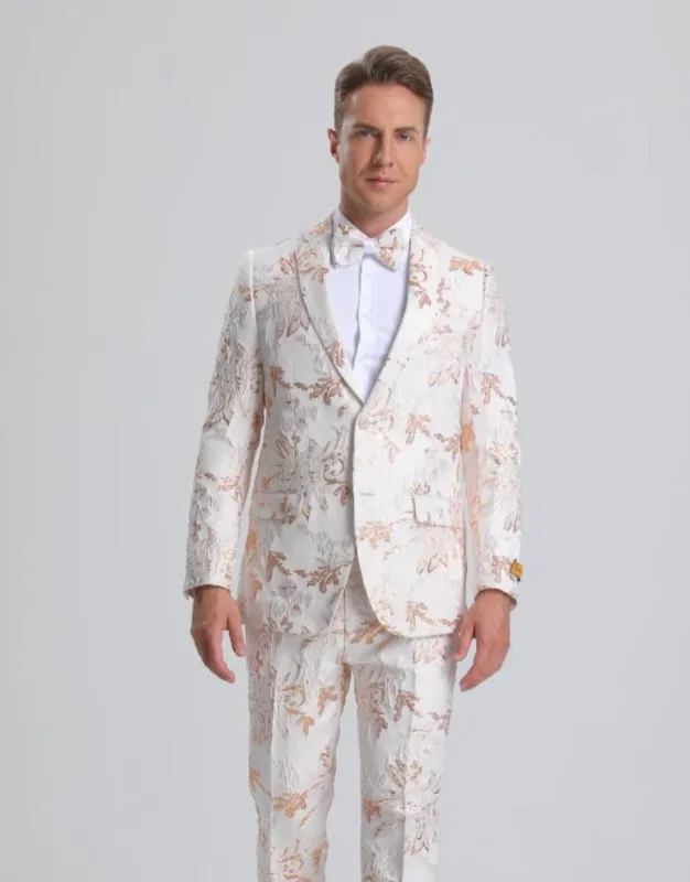 Men's White & Peach Floral Paisley Prom Tuxedo sold by Alberto Nardoni