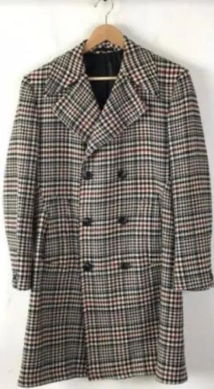 Mens Plaid Overcoat  Wool Peacoat Plaid Topcoats Cream Black sold by Alberto Nardoni