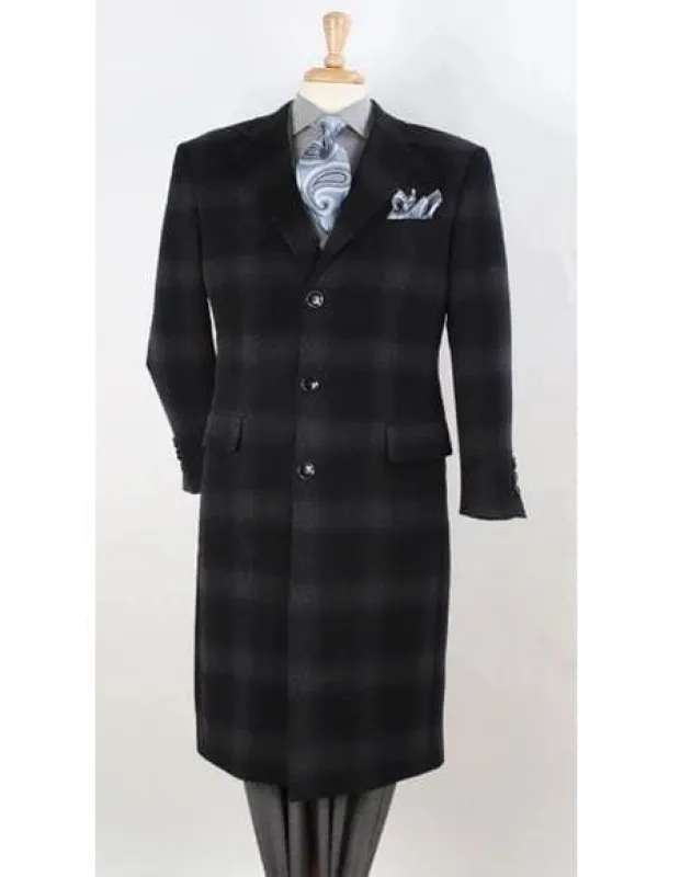 Men 3 Button Coat Black Window Pane Plaid Chesterfield Overcoats sold by Alberto Nardoni