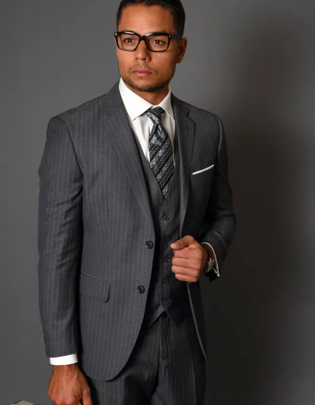 Mens 2 Button Vested Modern Fit Wool Suit in Charcoal Grey Pinstripe sold by Alberto Nardoni