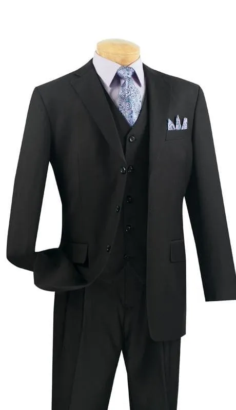 Mens 3 Button Black Vested Suit with grey pinstripe pants sold by Alberto Nardoni