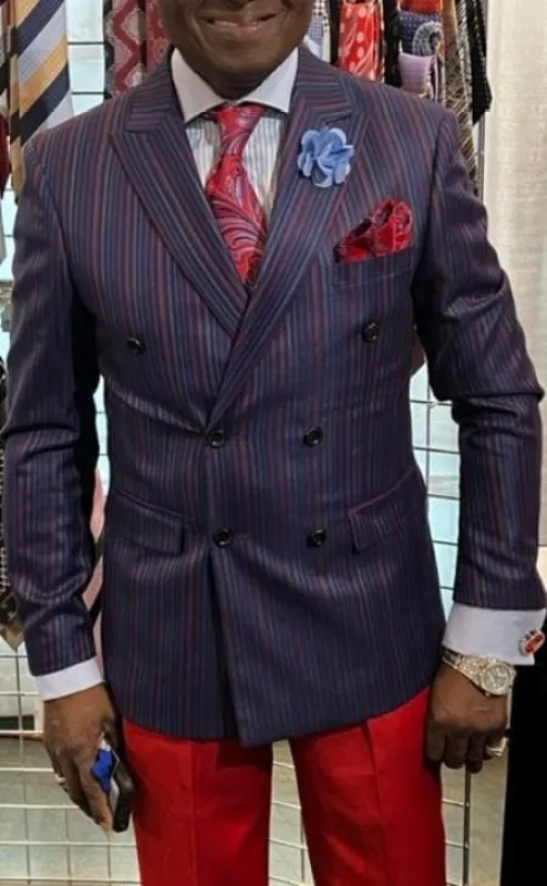 Navy Blue And Red Pinstripe Double Breasted Suit - Double Breasted Blazer sold by Alberto Nardoni