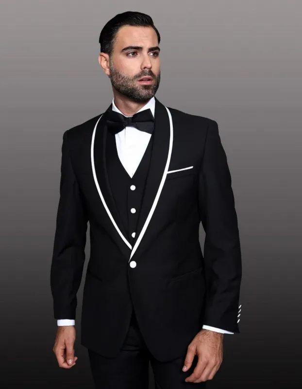 Mens One Button Satin Trim Shawl Tuxedo in Black & White sold by Alberto Nardoni