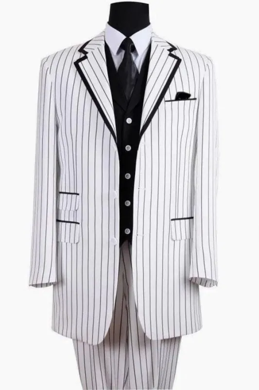 BARBERSHOP QUARTET MEN'S 3-BUTTON VESTED SUIT - WHITE WITH BLACK PINSTRIPES sold by Alberto Nardoni