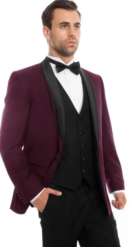 Mens Slim Fit Double Breasted 3 Piece Unique Tuxedo Purple/Black Tazio MT252S-03 sold by Alberto Nardoni
