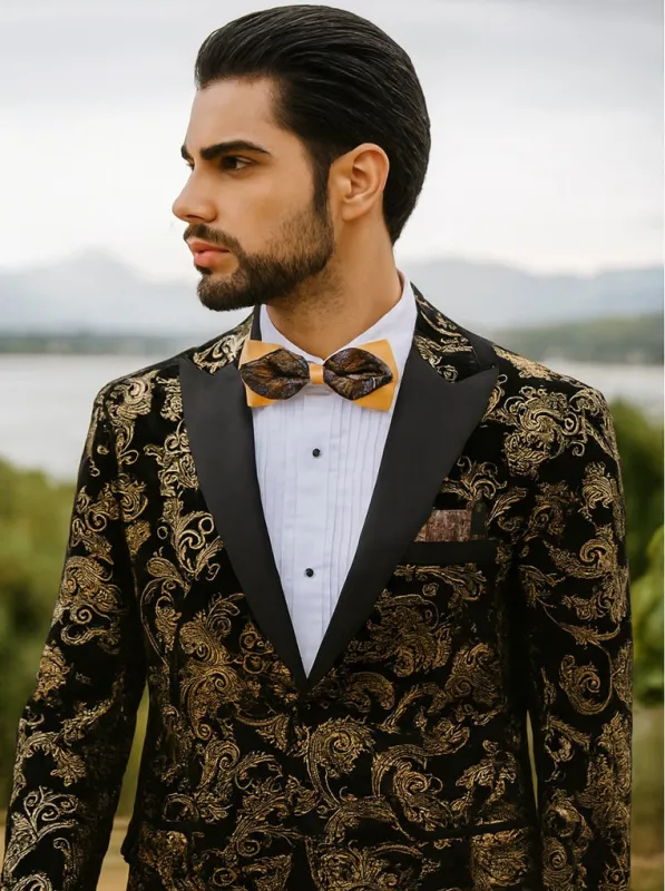Velvet Floral Paisley Men's Tuxedo Jacket - Modern Fit In Gold & Black sold by Alberto Nardoni