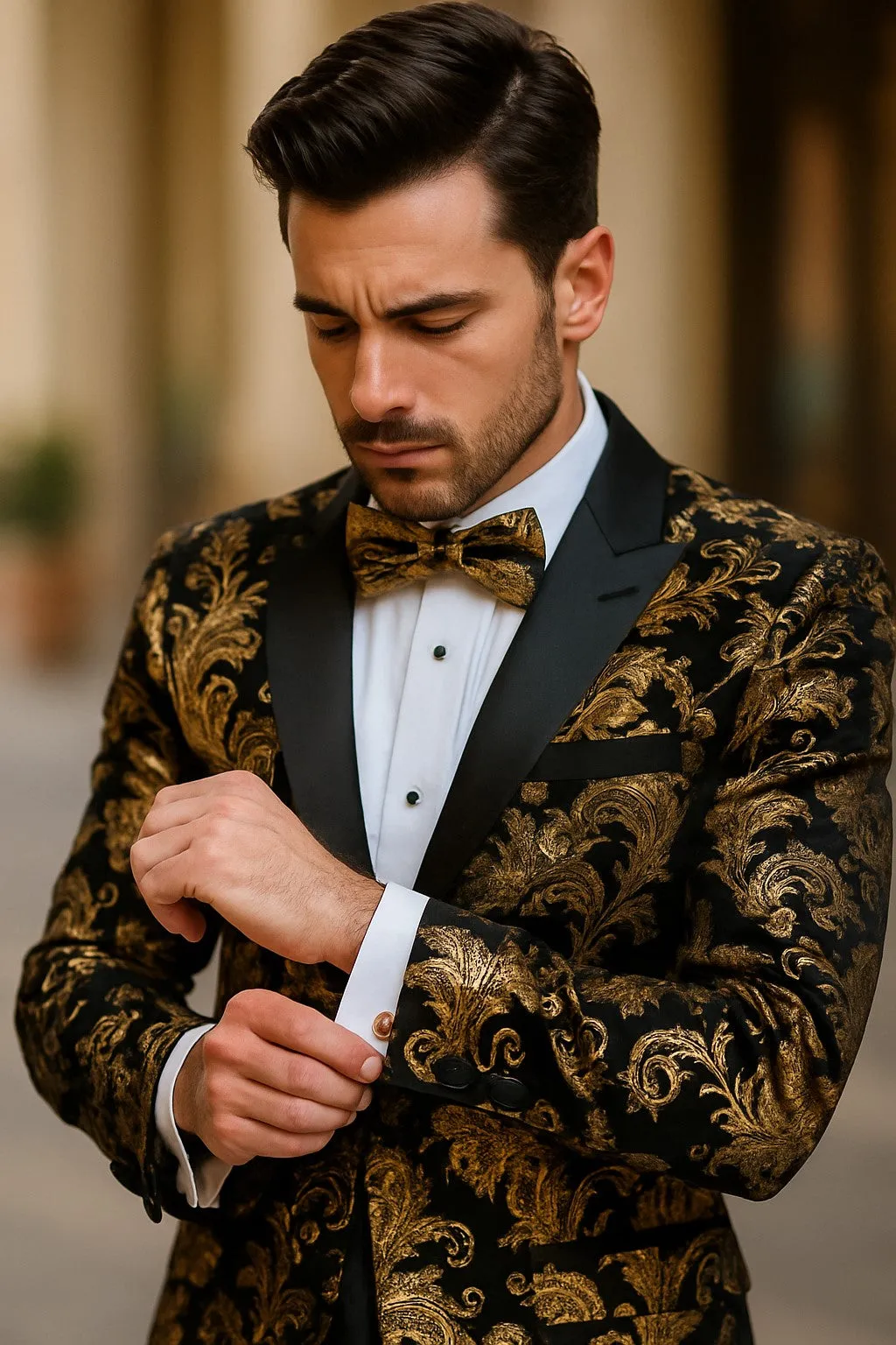 Velvet Floral Paisley Men's Tuxedo Jacket - Modern Fit In Gold & Black sold by Alberto Nardoni product image thumbnail 2