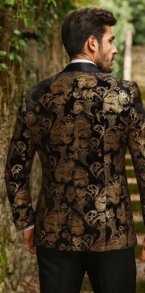 Velvet Floral Paisley Men's Tuxedo Jacket - Modern Fit In Gold & Black sold by Alberto Nardoni product image thumbnail 5