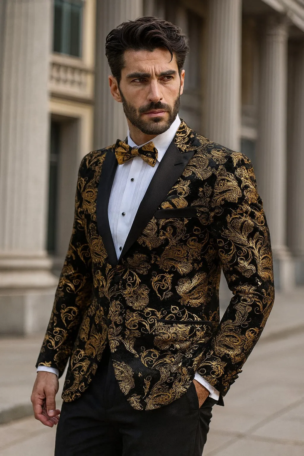 Velvet Floral Paisley Men's Tuxedo Jacket - Modern Fit In Gold & Black sold by Alberto Nardoni product image thumbnail 3