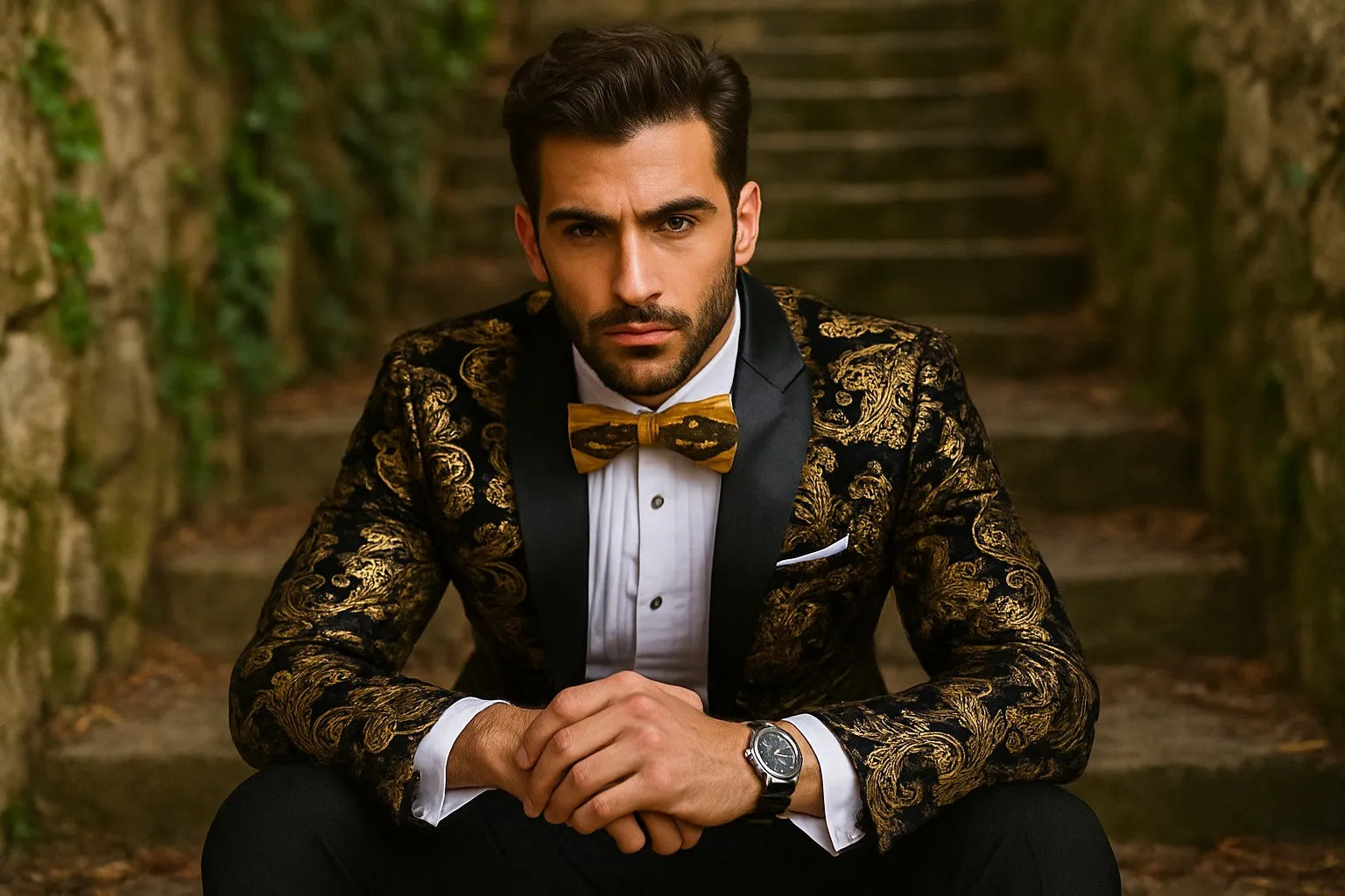 Velvet Floral Paisley Men's Tuxedo Jacket - Modern Fit In Gold & Black sold by Alberto Nardoni product image thumbnail 4