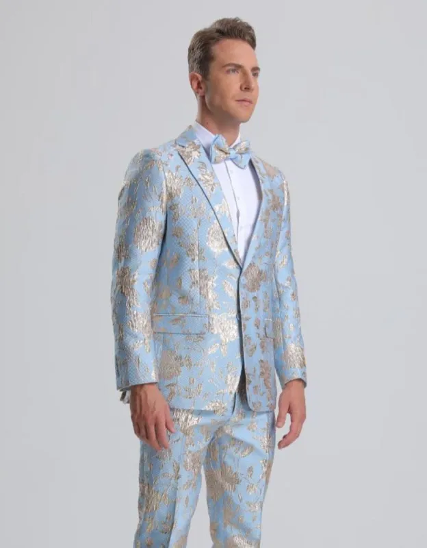 Men's Sky Blue & Silver Gold Floral Paisley Prom Tuxedo sold by Alberto Nardoni