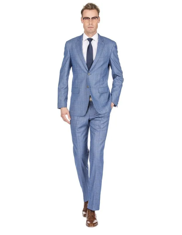 Mens Modern Fit Plaid Suit Light Blue sold by Alberto Nardoni