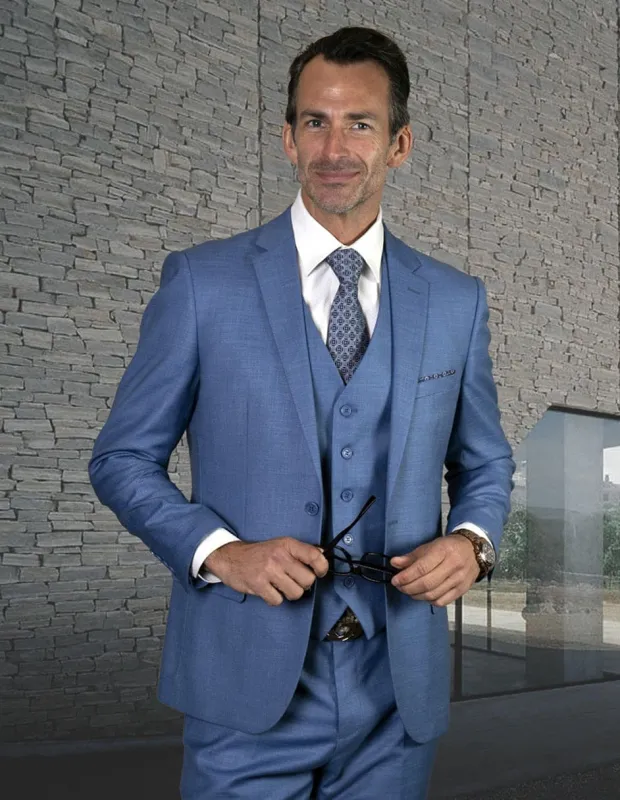 Mens 2 Button Slim Fit Vested Wool Suit in Steel Blue sold by Alberto Nardoni