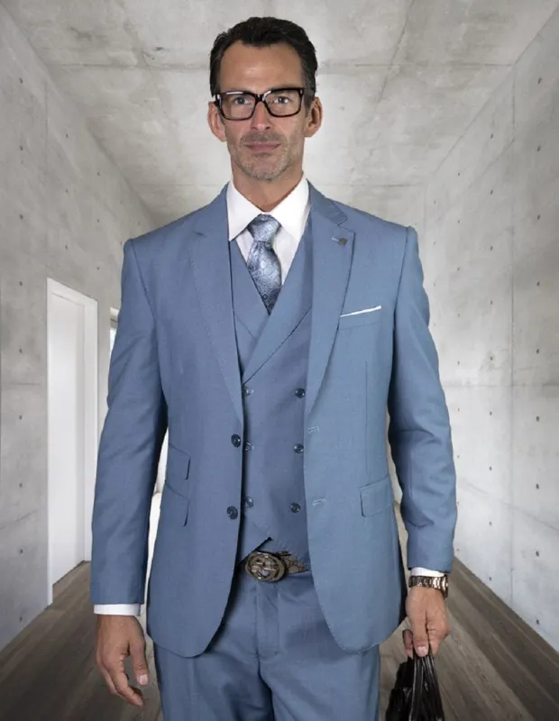 Mens 2 Button Slim Fit Wool Suit With Double Breasted Vest in Steel Blue sold by Alberto Nardoni