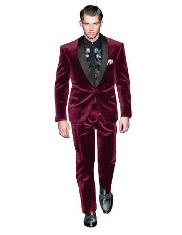 Velvet Suit Mens Dark Burgundy Suit One Button Velvet Fabric Shawl Collar Tuxedo sold by Alberto Nardoni