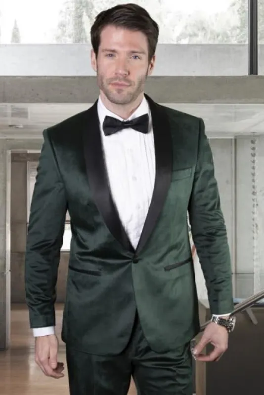 Emerald Green Tuxedo - Hunter Green Tuxedo Velvet Lapel, Velvet Vest With Gold Button And Side Trim On The Pants sold by Alberto Nardoni