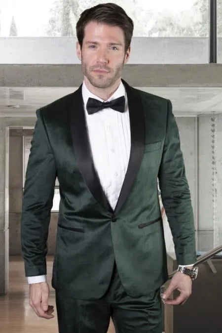 Emerald Green Tuxedo - Hunter Green Tuxedo Velvet Lapel, Velvet Vest With Gold Button And Side Trim On The Pants sold by Alberto Nardoni