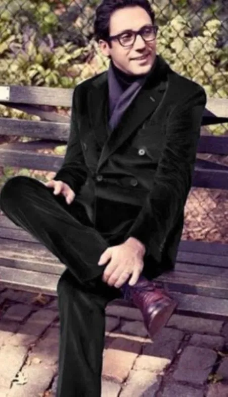 Mens Double Breasted Suits Slim Fitted - Velvet Suit - Winter Fabric Black Suit sold by Alberto Nardoni