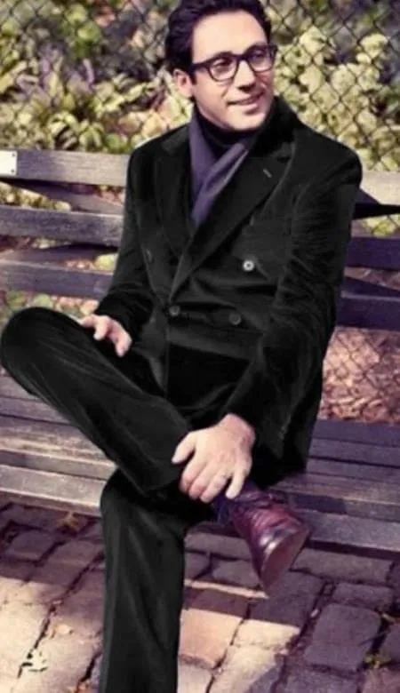 Mens Double Breasted Suits Slim Fitted - Velvet Suit - Winter Fabric Black Suit sold by Alberto Nardoni