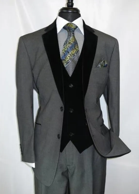 Black Suit Gray Vest Mens Velvet Suit Two Button Grey Velour Vested Side Vents Tuxedo Black 2 Toned Suit sold by Alberto Nardoni