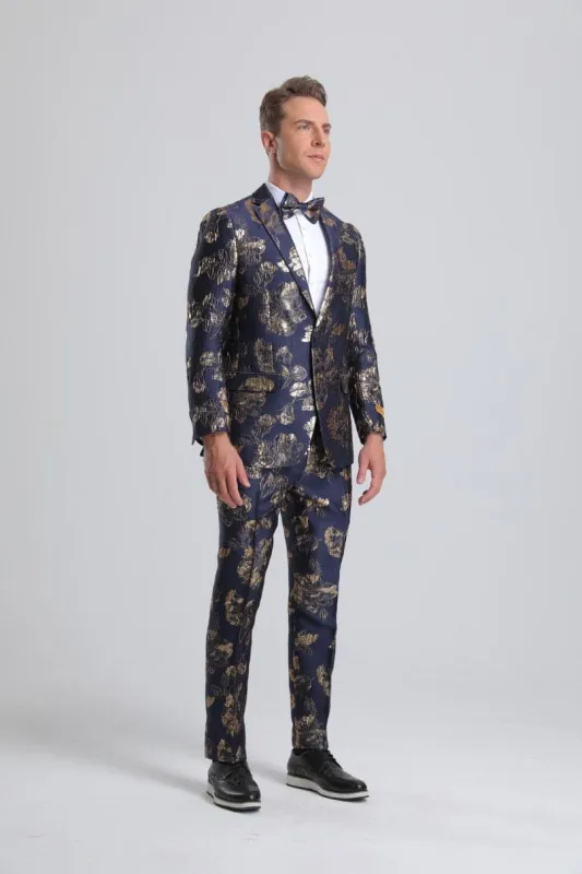 Mens Navy & Gold Floral Paisley Prom Tuxedos sold by Alberto Nardoni