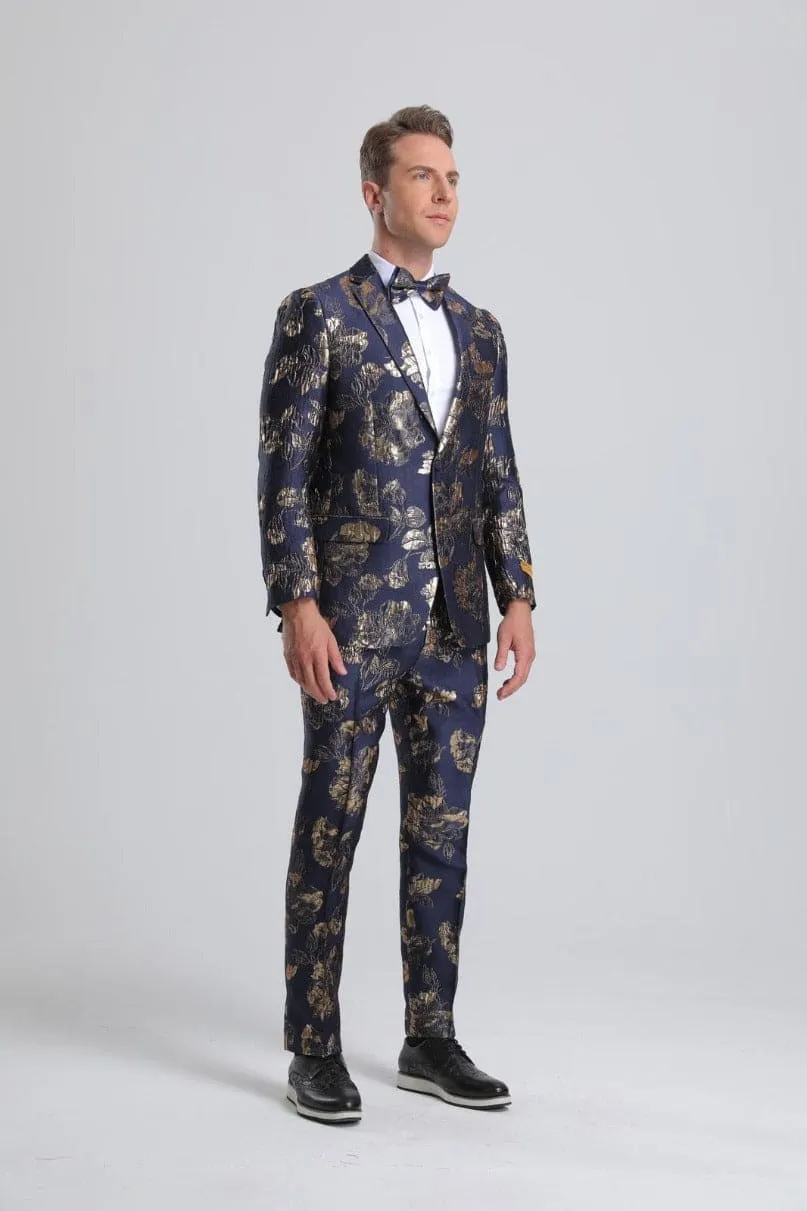 Mens Navy & Gold Floral Paisley Prom Tuxedos sold by Alberto Nardoni