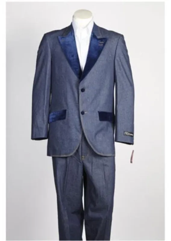 Single Breasted Men's Velvet 2 Button Denim Tuxedo Jean Blue Suit sold by Alberto Nardoni