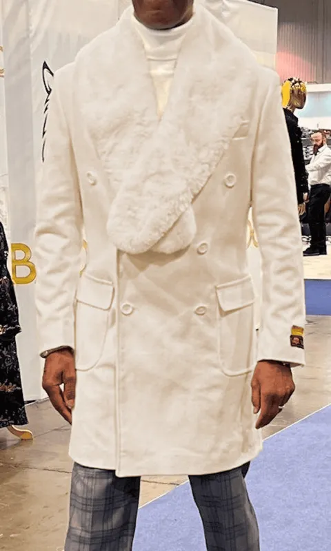 Mens Fur Collar Overcoat - Ivory Three Quarter Coats Wool Fabric sold by Alberto Nardoni