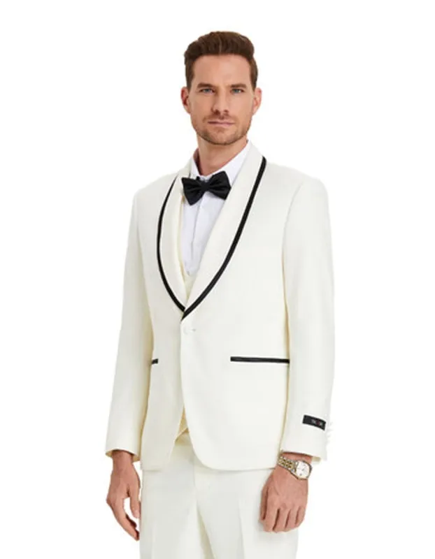 Mens Modern Fit Vested Shawl Tuxedo in Ivory with Black Trim made by Alberto Nardoni