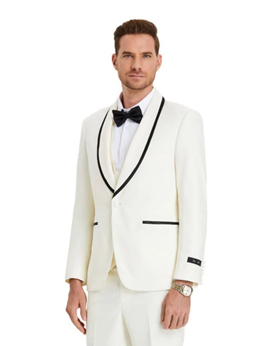 Mens Modern Fit Vested Shawl Tuxedo in Ivory with Black Trim sold by Alberto Nardoni