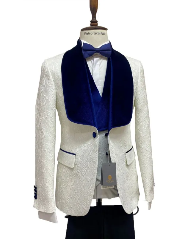 Mens Vested Designer Wide Royal Blue Velvet Shawl Tuxedo in Ivory Paisley sold by Alberto Nardoni