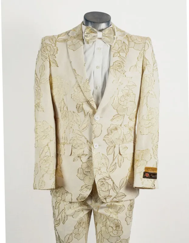 Mens 2 Button Ivory & Gold Foil Floral Paisley Prom & Wedding Tuxedo made by Alberto Nardoni