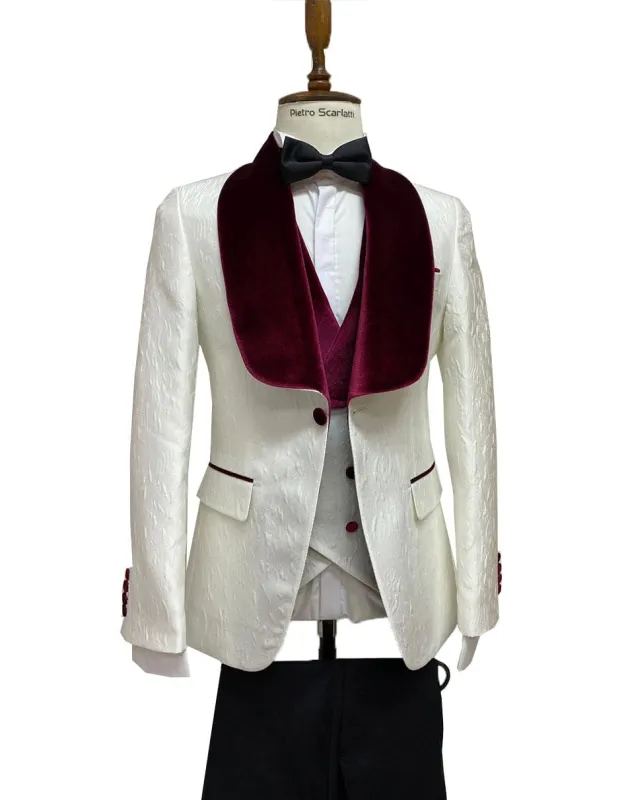 Mens Vested Designer Wide Velvet Shawl Tuxedo in Ivory Paisley made by Alberto Nardoni